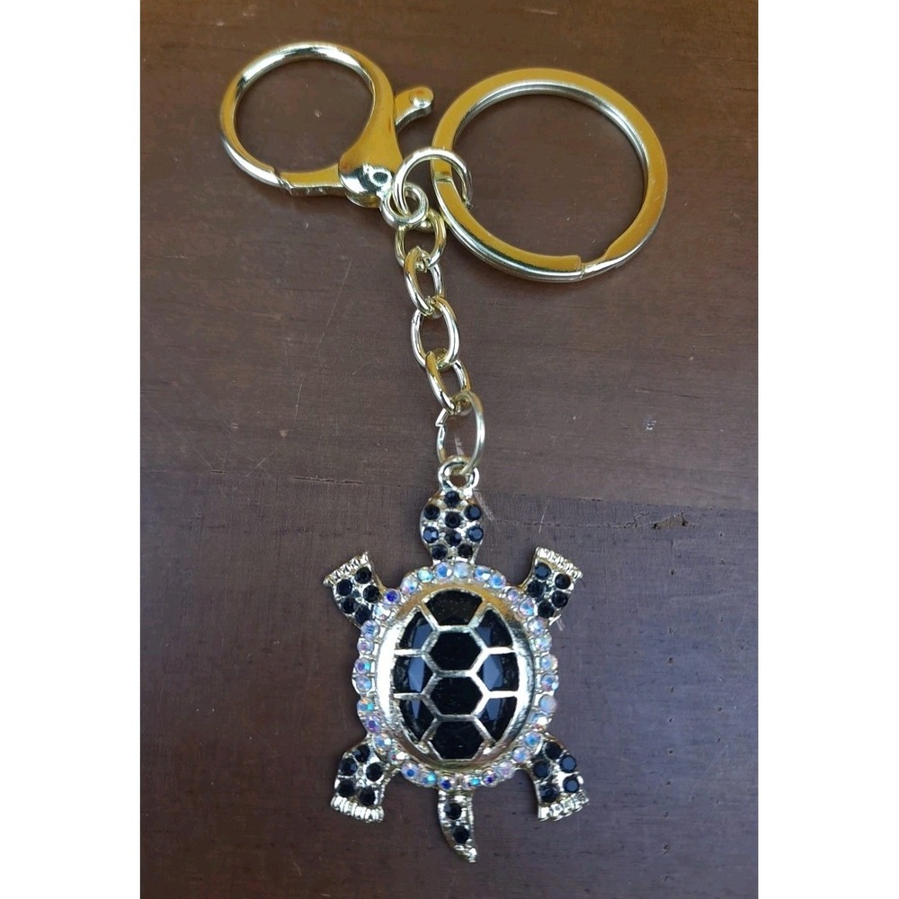 Turtle Rhinestone Black Crystal Gold Tone Keychain Backpack Purse Clip